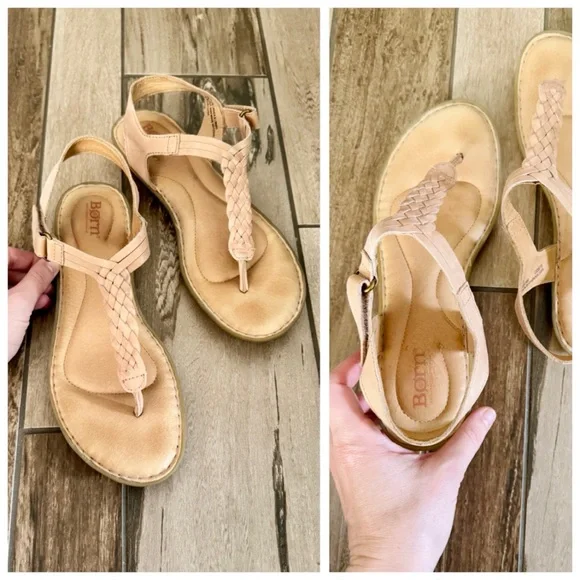 BORN Yarrow Braided Leather T-Strap Woven Boho Flat Sandals, Blush (Nude) sz. 8 - Picture 5 of 14